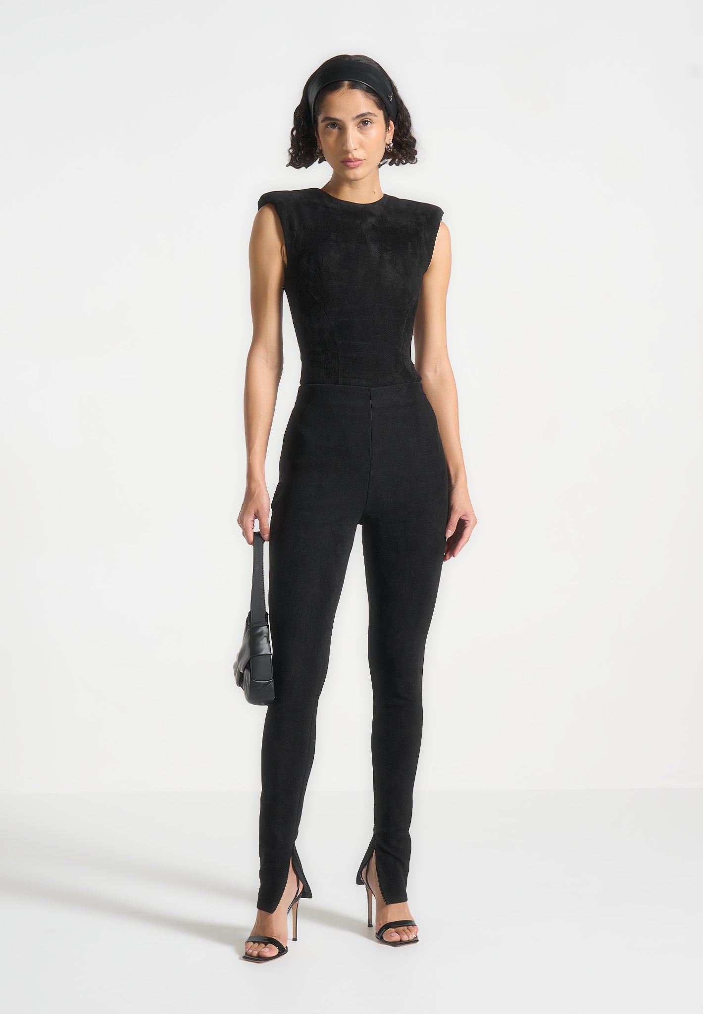 Wide Shoulder Suede Bodysuit - Black