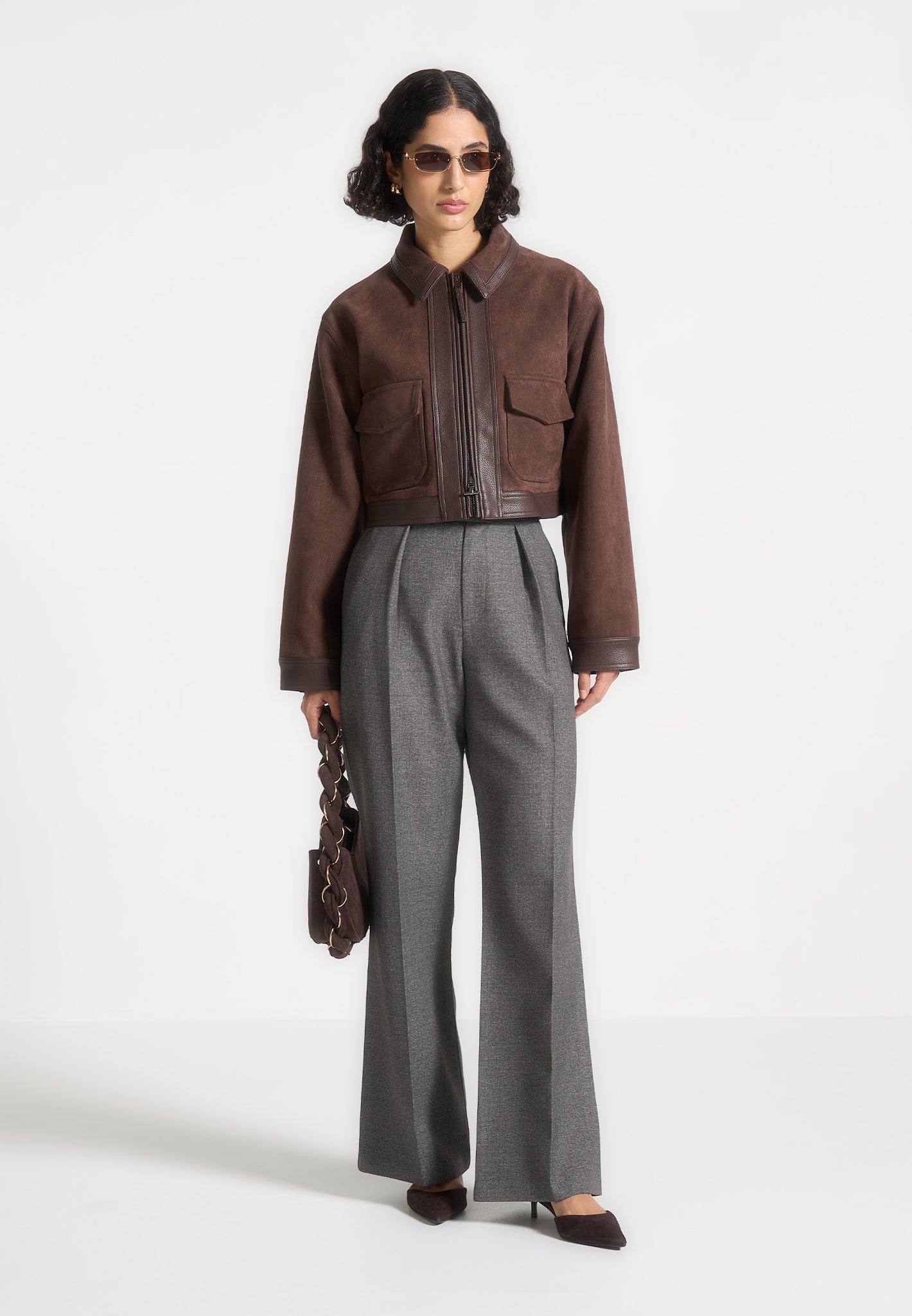 Suede & Pebbled Leather Jacket - Brown