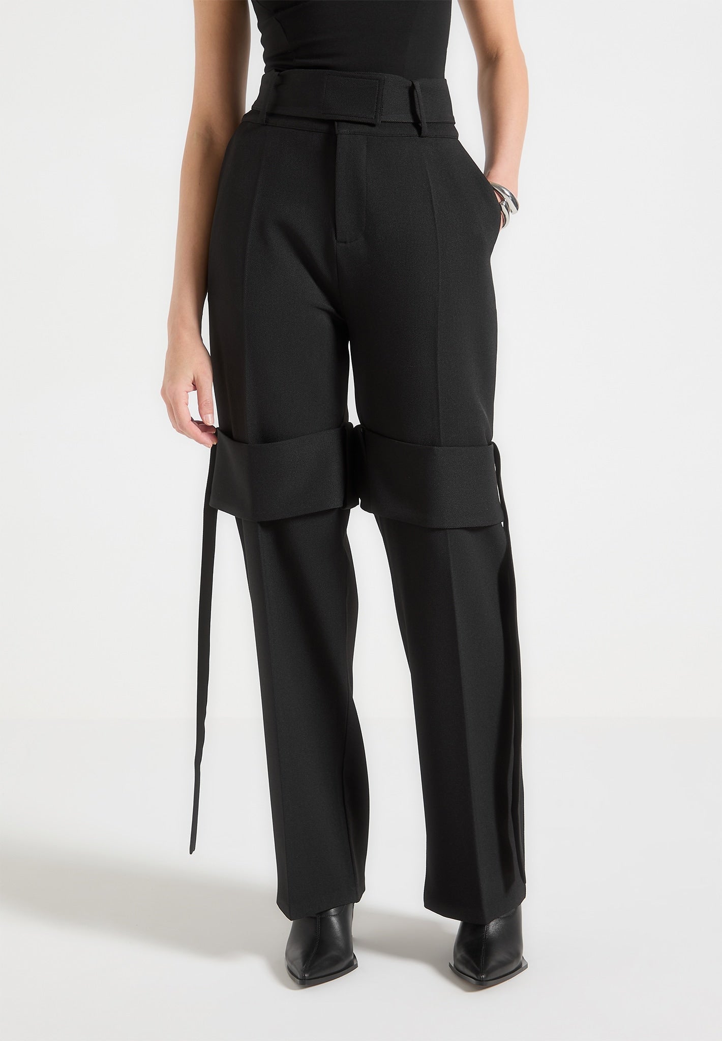 Tailored Belted Strap Detail Trousers - Black