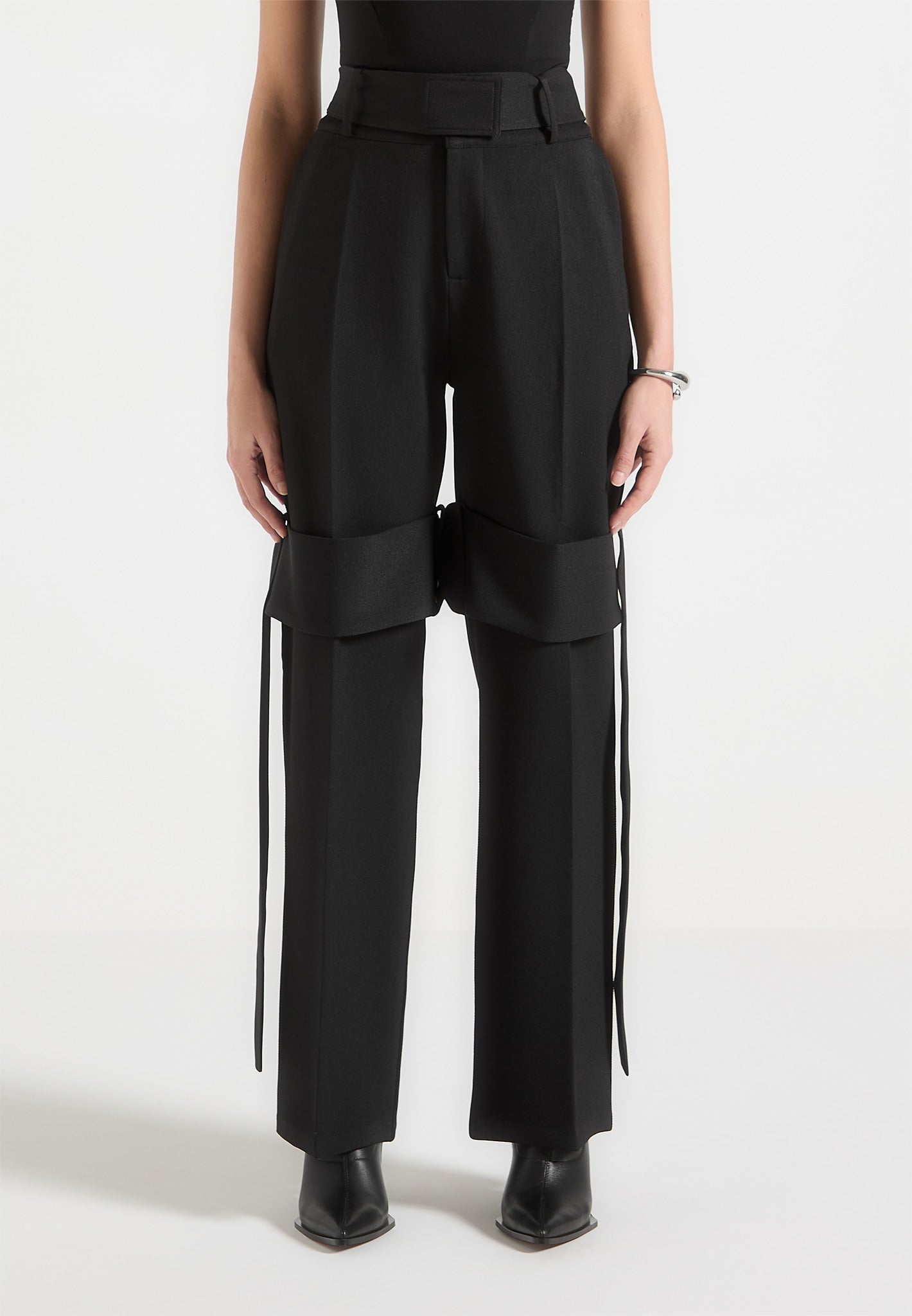 Tailored Belted Strap Detail Trousers - Black