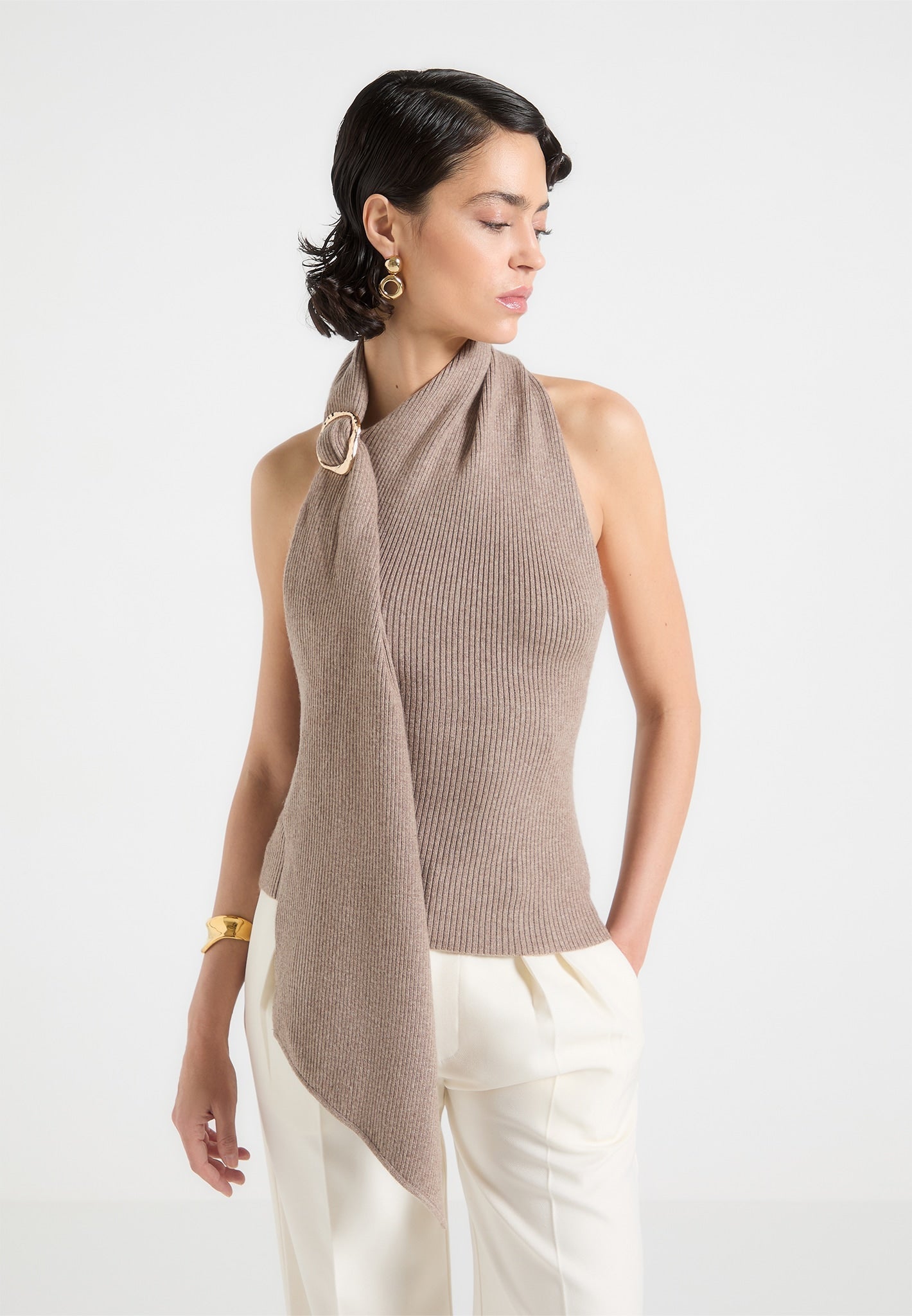 Knitted Draped Halterneck Top - Taupe