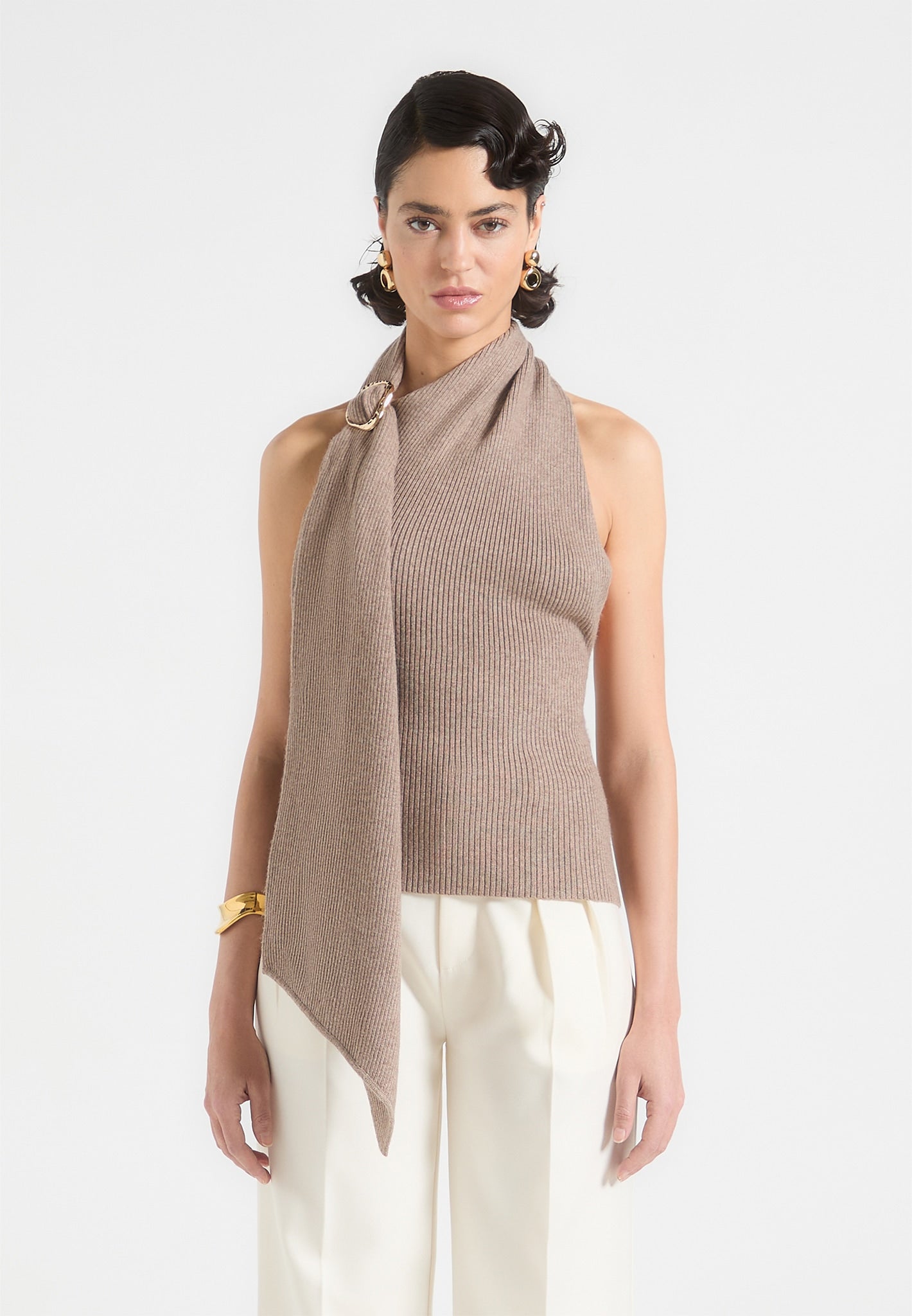 Knitted Draped Halterneck Top - Taupe