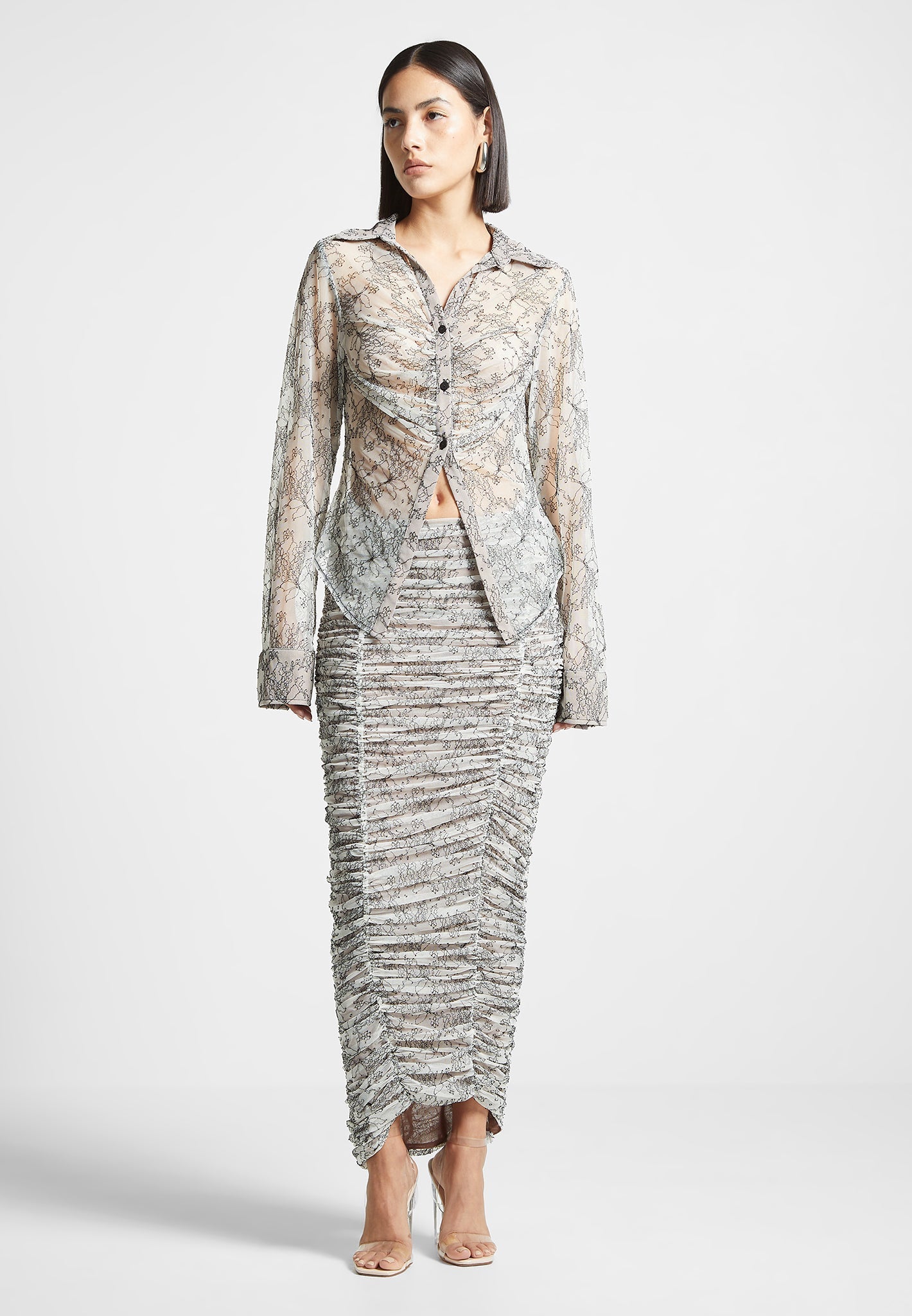 Ruched Lace Asymmetric Midaxi Skirt - Off White