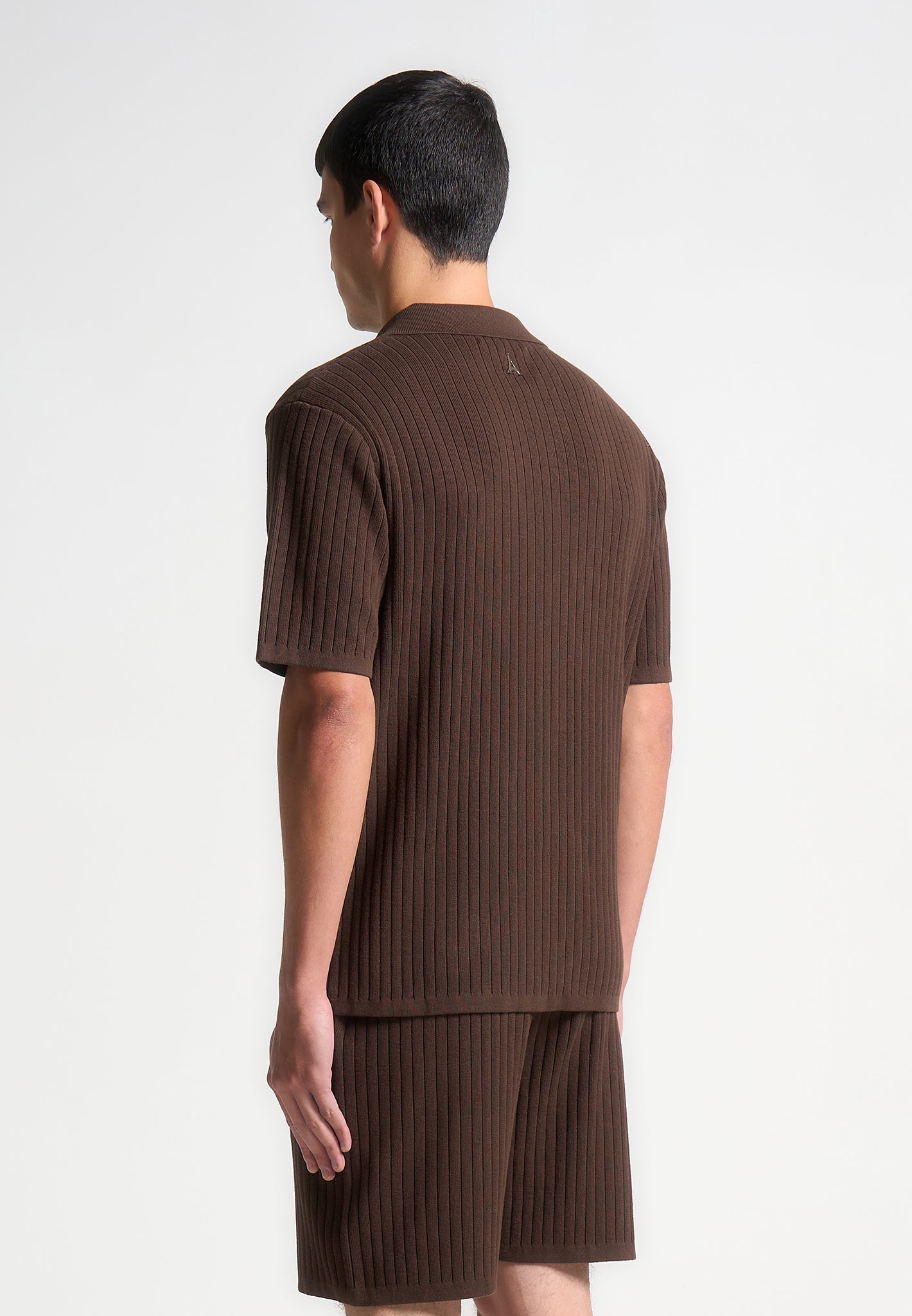 Ribbed Knit Revere Shirt - Brown