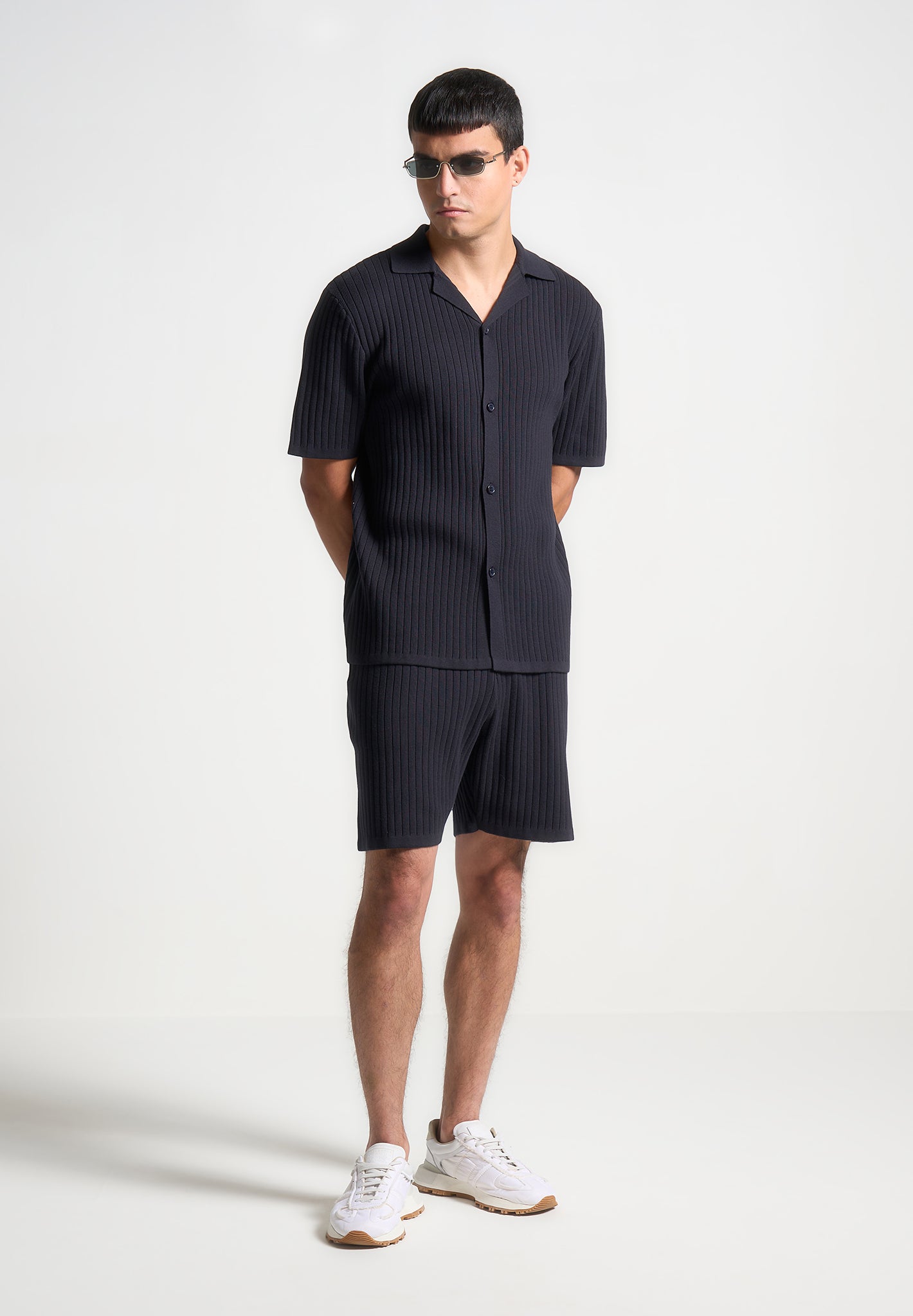 Ribbed Knit Revere Shirt - Navy